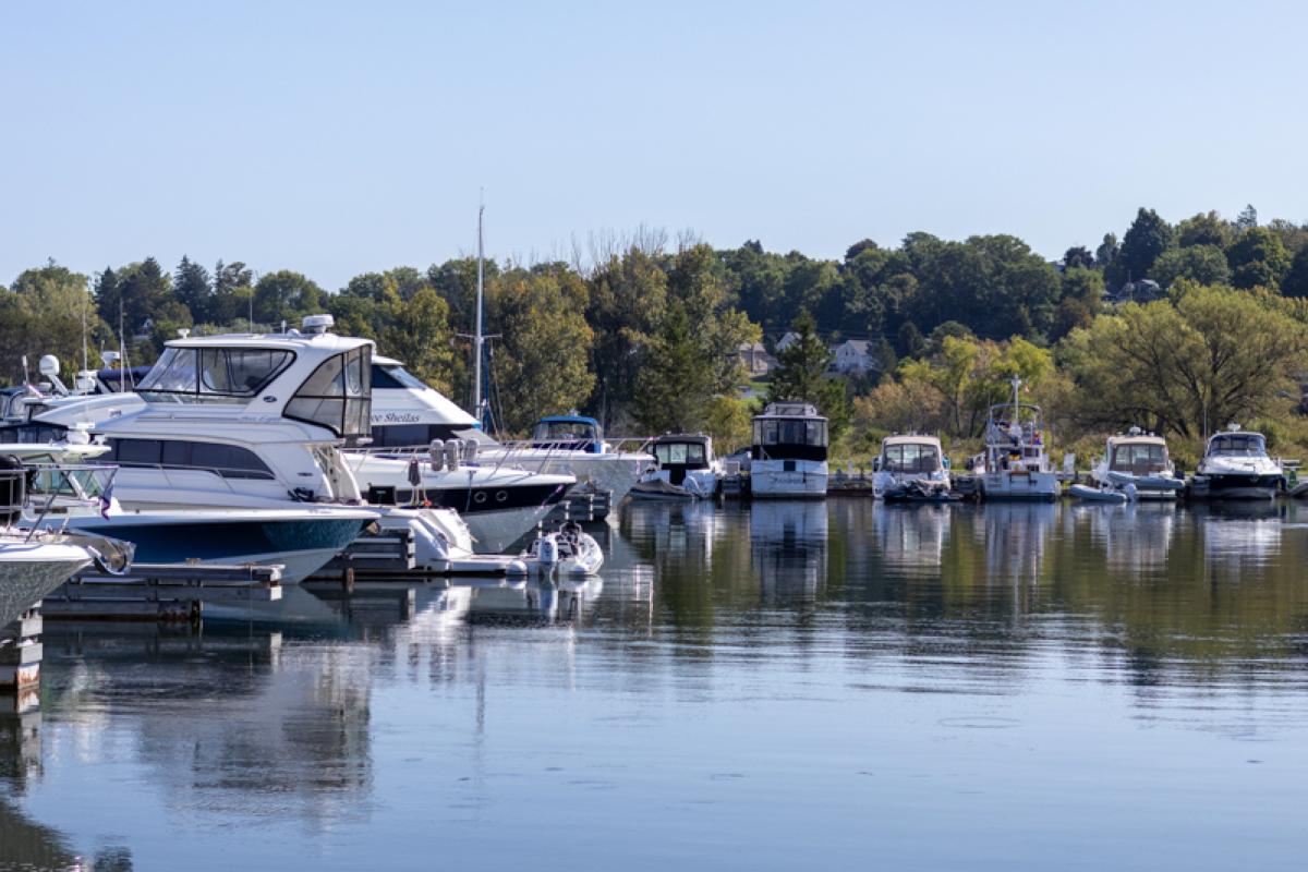 Yachts and boats docked at Beacon Bay Marina