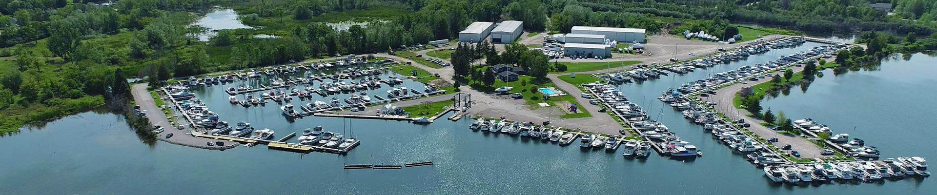 Drone shot of Beacon Bay Marina located on Georgian Bay in Penetanguishene